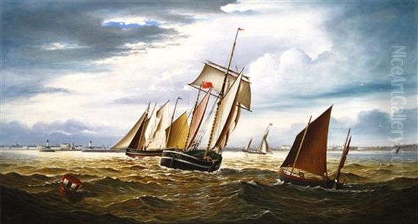 Four Sailing Vessels Sailing Into The Port Of Lowestoft Oil Painting by George Vempley Burwood