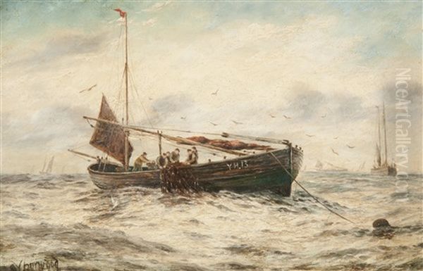 Lowestoft Fishing Smacks (+ Yarmouth Fishing Smack Hawling In Nets, 1887; Pair) Oil Painting by George Vempley Burwood