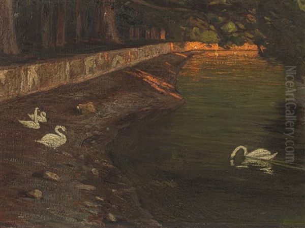 Waters With Swan Oil Painting by Ettore Burzi