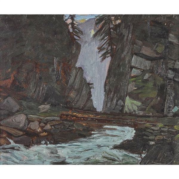 Una Cascata Presso Piora Oil Painting by Ettore Burzi