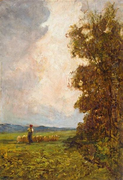 Schaferin Mit Ihrer Schafherde In Abendlich Beleuchteter Landschaft Oil Painting by Giuseppe Buscaglione