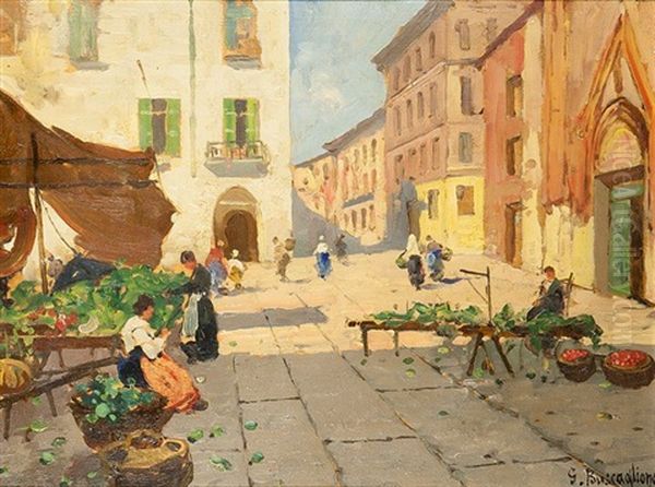 La Piazza Del Mercato Di Chivasso Oil Painting by Giuseppe Buscaglione