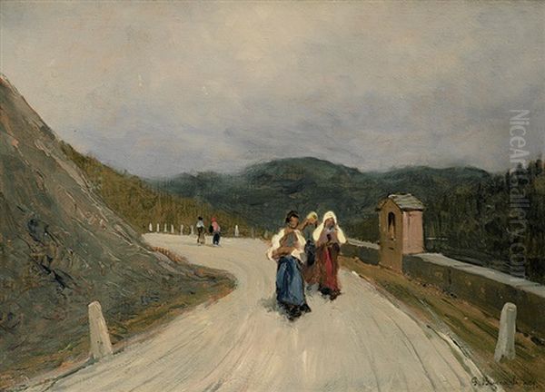 Drei Frauen Auf Einem Hohenweg Mit Marterl Oil Painting by Giuseppe Buscaglione