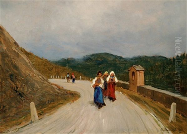 Spaziergangerin Auf Einem Hohenweg Bei Turin Oil Painting by Giuseppe Buscaglione