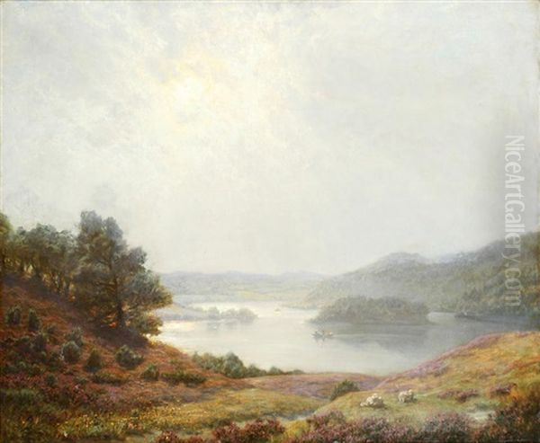 An Extensive View Over A Valley, With Figures In A Rowing Boat On A Lake Oil Painting by Peter Johan Valdemar Busch