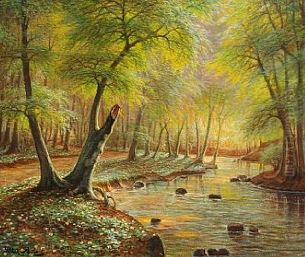 Spring Forest With Stream Oil Painting by Peter Johan Valdemar Busch