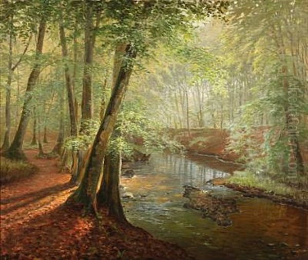 Forest Scene With A Stream Oil Painting by Peter Johan Valdemar Busch