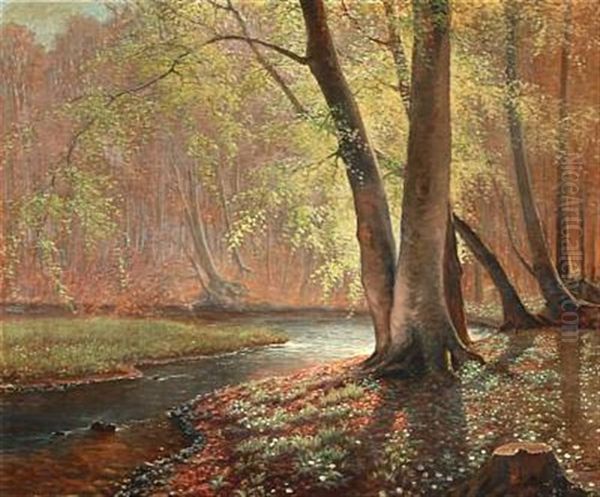 Forest Scene With A Stream Oil Painting by Peter Johan Valdemar Busch