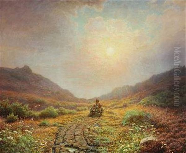 Heather Landscape With Boy In A Cart Oil Painting by Peter Johan Valdemar Busch