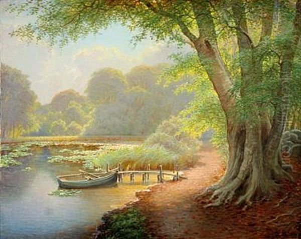 Forest Scene With Lake And Rowing Boat At A Jetty Oil Painting by Peter Johan Valdemar Busch