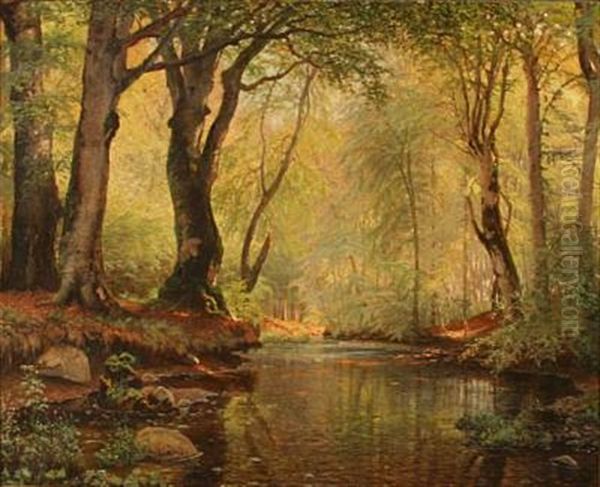 Serpentine Stream In A Spring Forest Oil Painting by Peter Johan Valdemar Busch