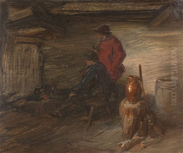 Interieur Mit Zwei Bauern Und Grosem Hackklotz Oil Painting by Wilhelm Busch