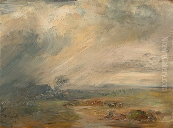 Gewitterlandschaft Mit Bauernhaus, Kuhen Und Fluss Oil Painting by Wilhelm Busch