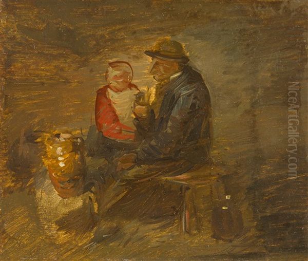 Bauer Mit Kind Auf Einer Bank Oil Painting by Wilhelm Busch