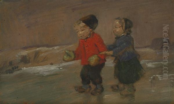 Zwei Kinder Auf Dem Eis Oil Painting by Wilhelm Busch