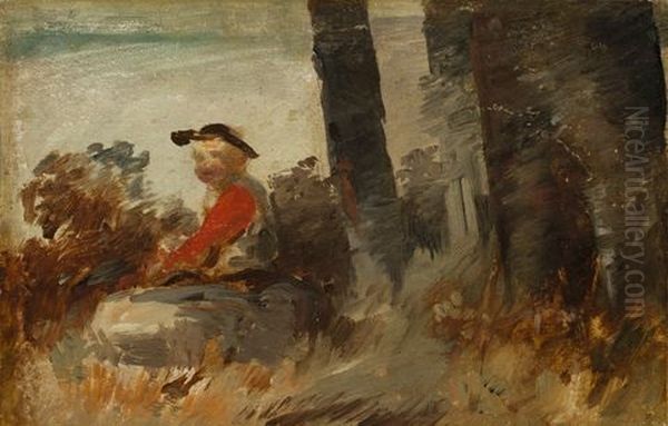 Junge In Rotem Wams In Landschaft Oil Painting by Wilhelm Busch