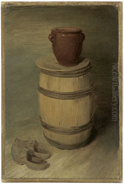 Kleines Holzfass Mit Tonkrug Und Schuhen Oil Painting by Wilhelm Busch