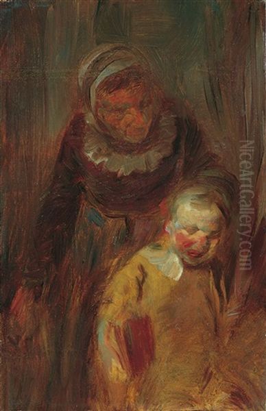 A Woman Grabbing A Boy By The Ear Oil Painting by Wilhelm Busch