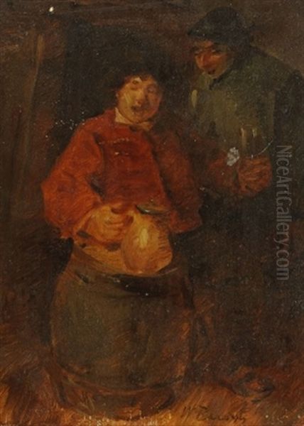 Zwei Bauern Mit Krug (+ Mann In Roter Jacker Mit Krug Auf Einem Hackklotz, Verso) Oil Painting by Wilhelm Busch