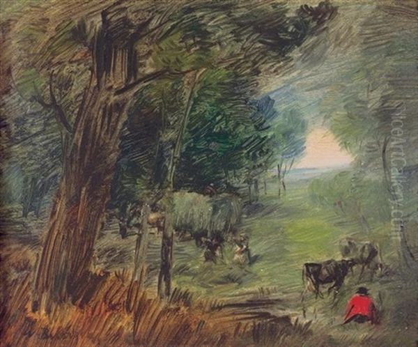 Waldlandschaft Mit Heufuder Und Kuhen Oil Painting by Wilhelm Busch