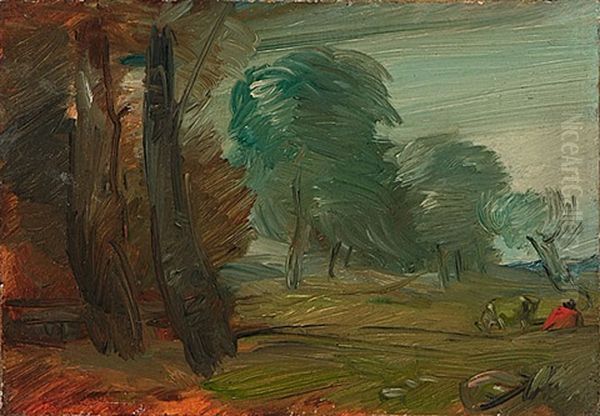 Herbstliche Landschaft Nach Rechts Mit Rotem Bauer Und Kuh Oil Painting by Wilhelm Busch