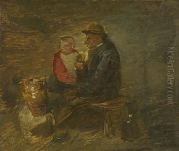 Bauer Mit Kind Auf Einer Bank Oil Painting by Wilhelm Busch