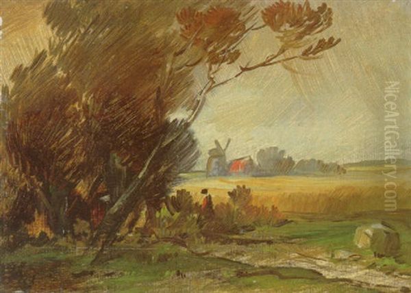 Landschaft Mit Waldrand, Feldstein Und Windmuhle Oil Painting by Wilhelm Busch