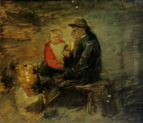 Bauer Mit Kind Auf Einer Bank Oil Painting by Wilhelm Busch