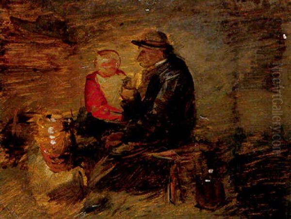 Bauer Mit Kind Auf Einer Bank Oil Painting by Wilhelm Busch