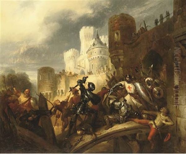 A Crusadors Battle Oil Painting by Gustave Buschmann