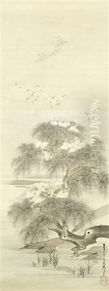 Untitled (numerous Herons Gathering On A Huge Old Willow Tree By The Lake (+ Untitled (multiple Crows At Sunset Gathering On An Old Bare Tree); Pair) Oil Painting by Kita Busei