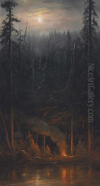 Campfire Scene Oil Painting by Norton Bush