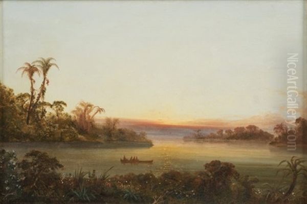 Indians In A Canoe In A Tropical Landscape Oil Painting by Norton Bush