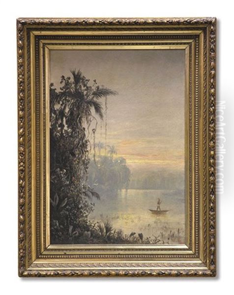 Tropical River Landscape With A Man In Canoe Oil Painting by Norton Bush