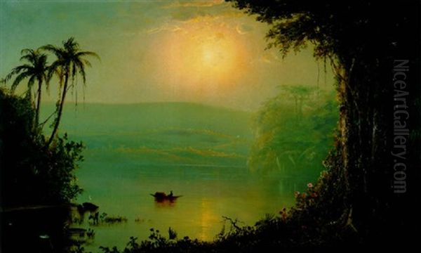 Tropical River Landscape With A Native In A Canoe Oil Painting by Norton Bush