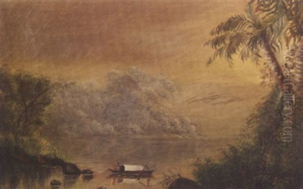 Tropical River Scene With A Boat Oil Painting by Norton Bush