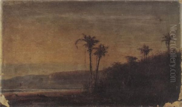 An Exotic Landscape With Fishermen On A Lagoon by Norton Bush