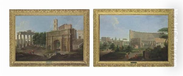 A Roman Capriccio With The Colosseum And The Arch Of Constantine (+ Another With The Campo Vaccino, The Arch Of Septimus Serverus, The Temple Of Saturn And The Palazzo Dei Senatori; 2 Works) Oil Painting by Giovanni Battista Busiri