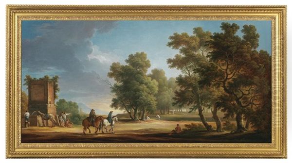 An Italian Landscape With An Ancient Well And Riders Oil Painting by Giovanni Battista Busiri