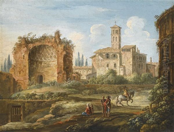 Vue Partielle Du Colisee Et La Basilique De Sainte Francoise Romaine Oil Painting by Giovanni Battista Busiri