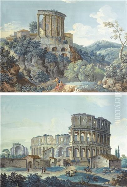 Vue Du Colisee Vue Du Temple De Vesta A Tivoli Oil Painting by Giovanni Battista Busiri