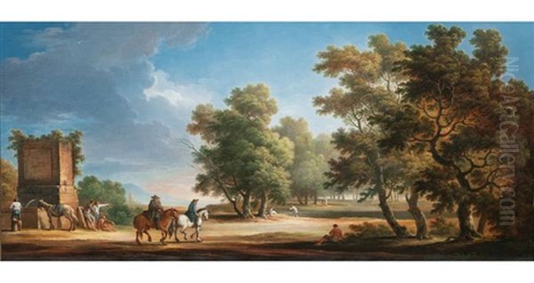 Arkadische Landschaft Mit Reitern Oil Painting by Giovanni Battista Busiri