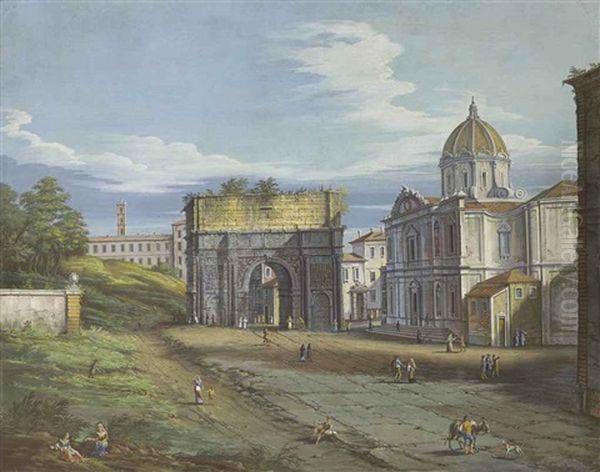 The Arch Of Septimius Severus With The Church Of Saints Luca And Martina, The Campidoglio Beyond by Giovanni Battista Busiri