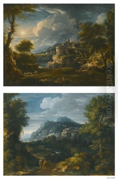 A Classical Landscape With Travellers And A Hilltop Town Beyond; A Classical Landscape With A River And A Cylindrical Tower Beyond (pair) Oil Painting by Giovanni Battista Busiri