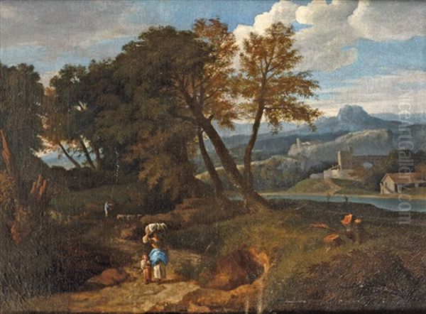 Une Vue De La Campagne Romaine Avec Le Mont Soratte Animee De Personnages Et D'animaux by Giovanni Battista Busiri