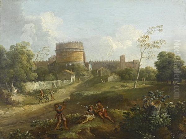 The Pyramid Of Cestius (+ The Tomb Of Cecilia Metella; Pair) Oil Painting by Giovanni Battista Busiri