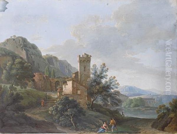 Figures Resting Before A Walled Village, Mountains And A Lake In The Distance Oil Painting by Giovanni Battista Busiri