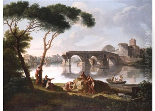 Romische Stadtansicht Mit Blick Auf Den Tiber Und Ponte Rotto Oil Painting by Giovanni Battista Busiri