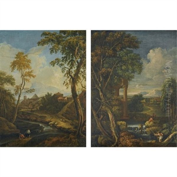 An Italianate Landscape With Fishermen In The Foreground Before Classical Ruins (+ An Italianate Landscape With Fishermen In The Foreground With A Town Beyond; Pair) Oil Painting by Giovanni Battista Busiri