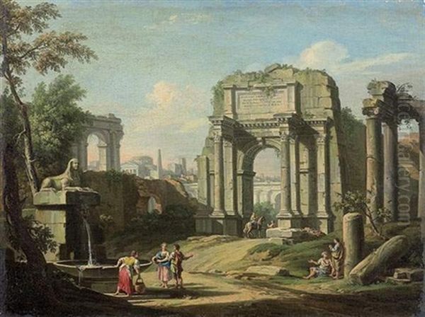 Caprice Architectural Avec Des Elements De La Rome Antique Anime De Personnages Oil Painting by Giovanni Battista Busiri